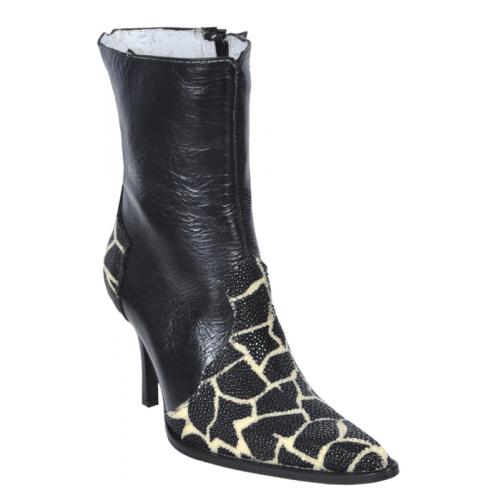 Los Altos Ladies Black / White Giraffe Design Genuine Stingray Short Top Boots With Zipper 365655
